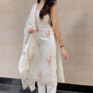 Women’s Off White Cotton Embroidered Straight Kurta Set