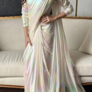 fancy satin white rainbow rfeady to wear saree