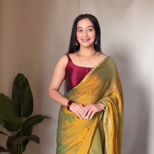 Women’s Golden Green Blue Two Tone Galexy Chiffon Silk Tissue Saree With Running Blouse