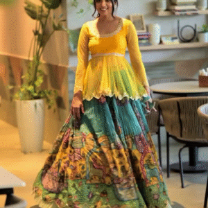 NEW STYLISH HEVY CHINON KALAMKARI PRINTED LEHENGA KOTI & FRILL & SEQUENCE WORK