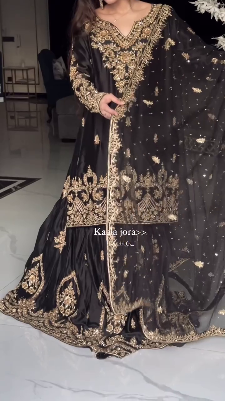 Black Heavy Embroidered Natural Crepe Sharara Suit Set with Georgette Dupatta Ready - Image 3