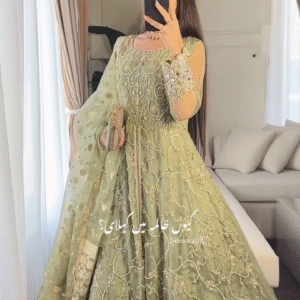 Embroidered Designer Pakistani Bridal Dress in Heavily Embroidered Traditional Bridal Gown in Lime Green Lehenga with Zardozi Embellished Gown