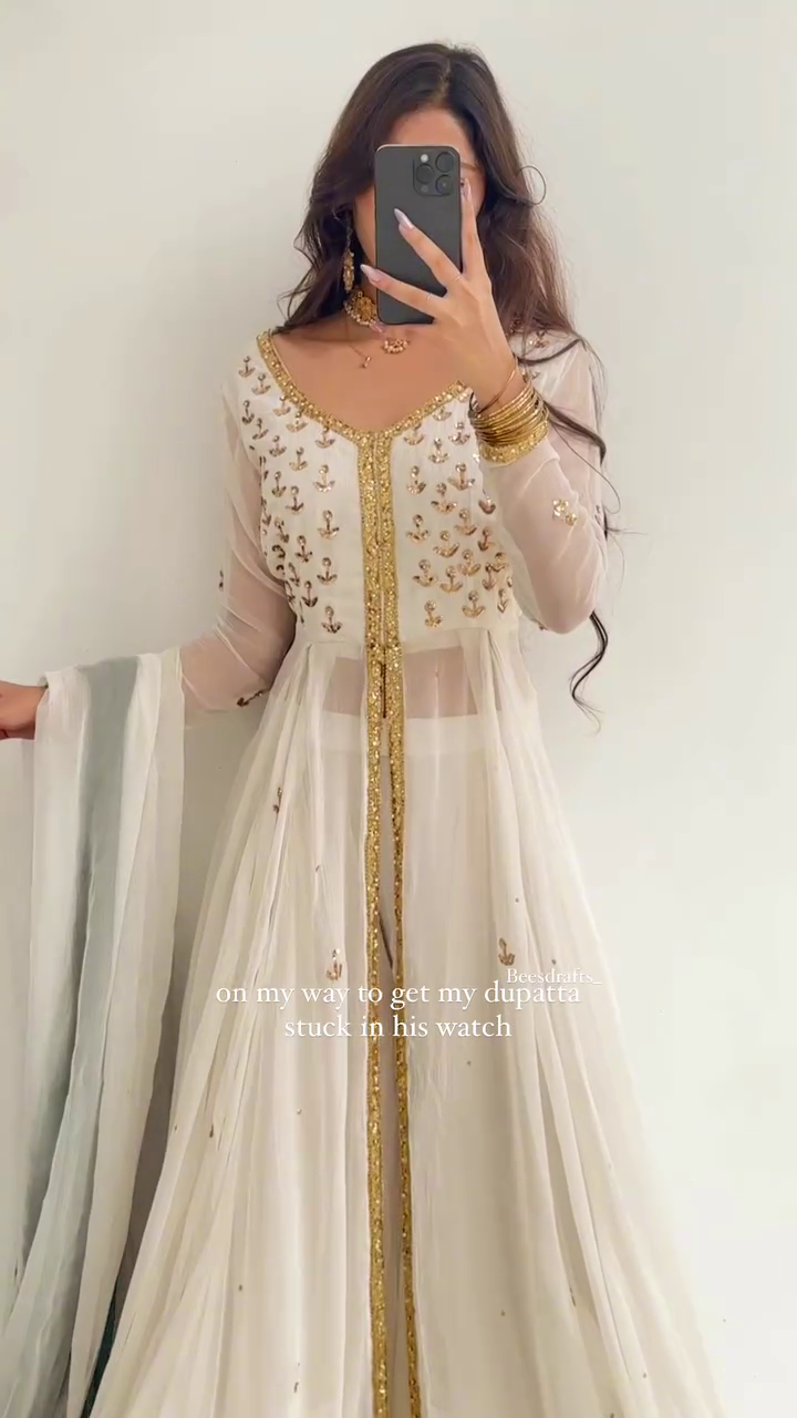 Fancy Cream Color Georgette Thread Sequence Shrug Salwar Suit - Image 5