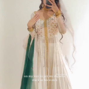 Fancy Cream Color Georgette Thread Sequence Shrug Salwar Suit