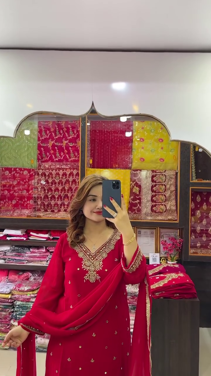 Bride Red Color Chinon With Embroidery Coding Dori Work Salwar Suit - Image 5