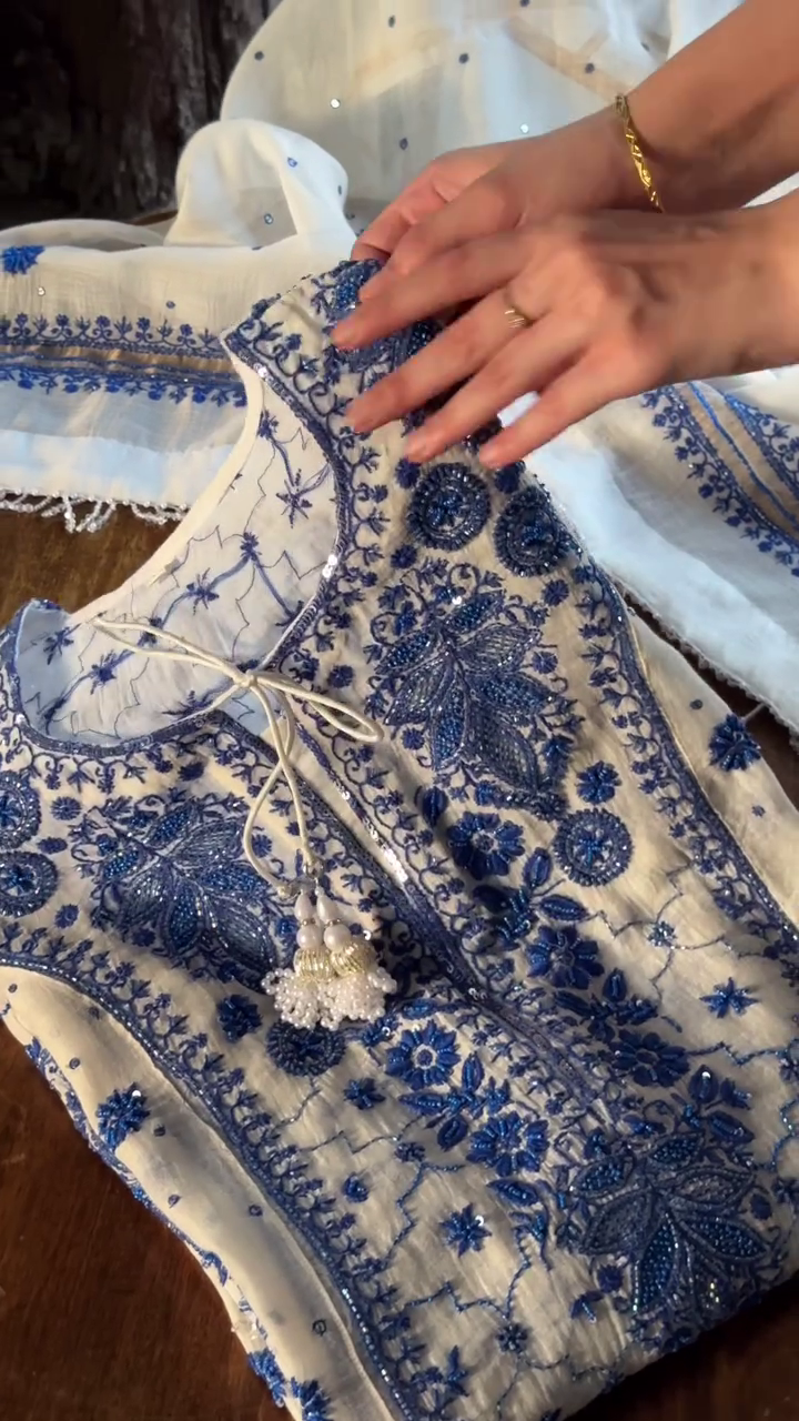 Indigo White Malmal Pearl Work Chikankari A Line Kalidar Kurta With Duppata - Image 5