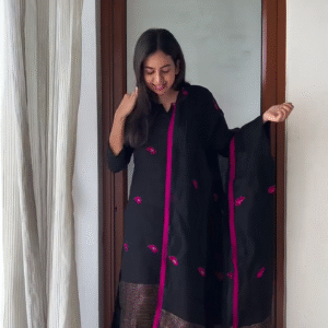 Women Black Linen Full Kurta Set
