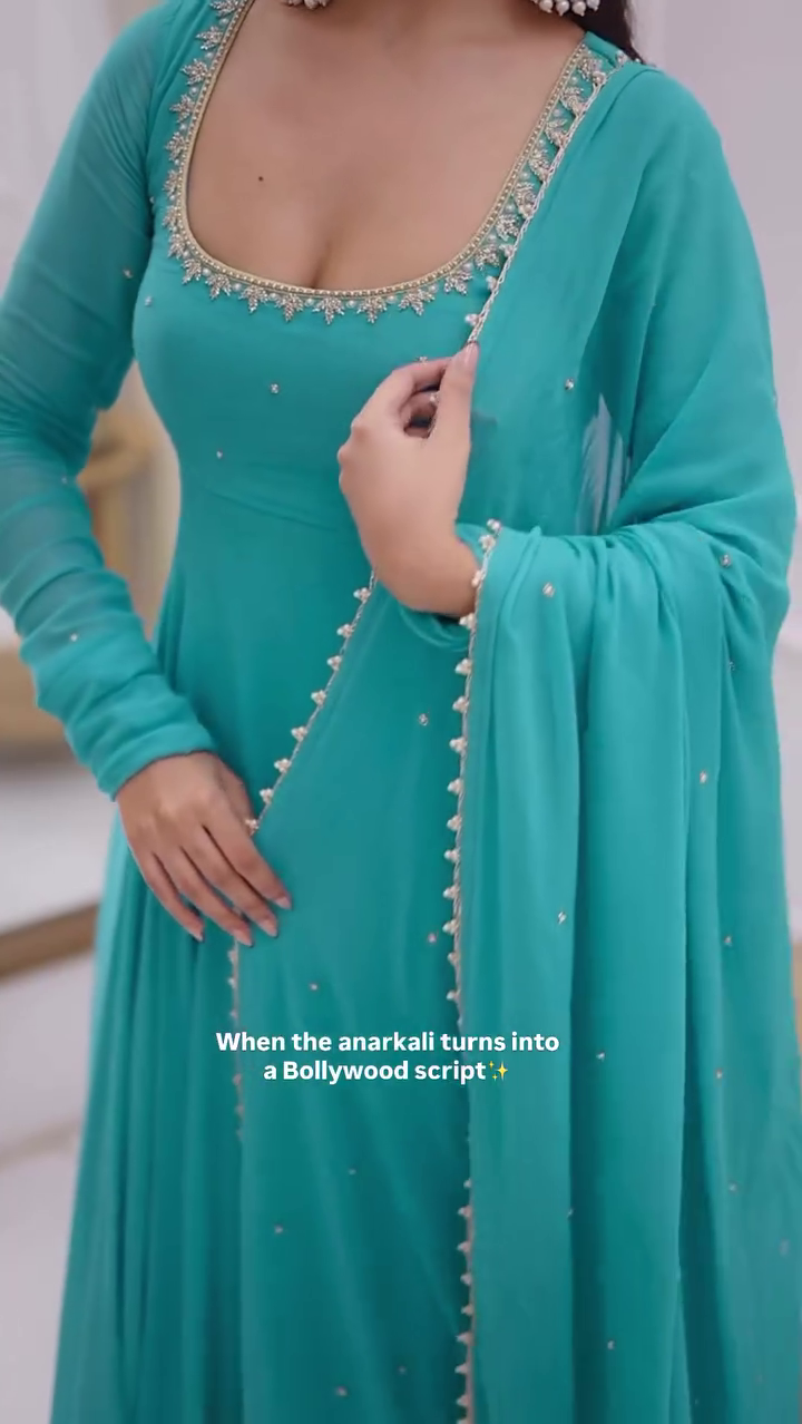 New Partywear Faux Georgette with Embroidery Work Anarkali Set - Image 7