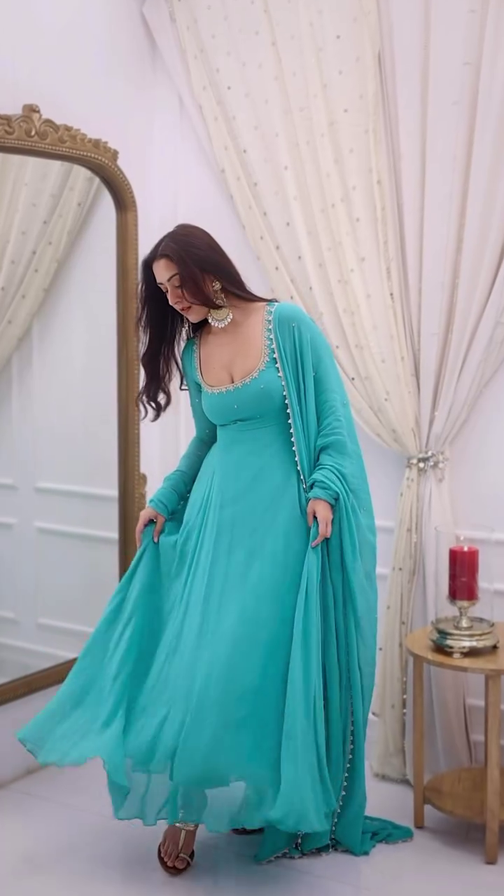 New Partywear Faux Georgette with Embroidery Work Anarkali Set - Image 9