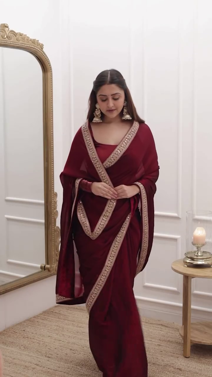 Women’s Maroon Silk Saree With Blouse - Image 2