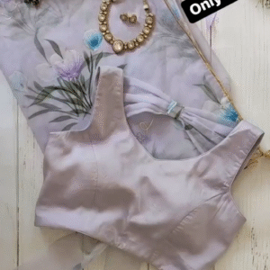 Girl’s And Women’s Attractive orgenza Silk Short Sleeves Printed Grey Saree