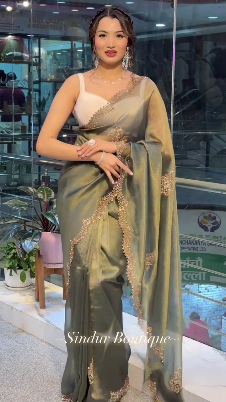 party wear new collection designer chiffon Two-Tone organza stone sarees - Image 6