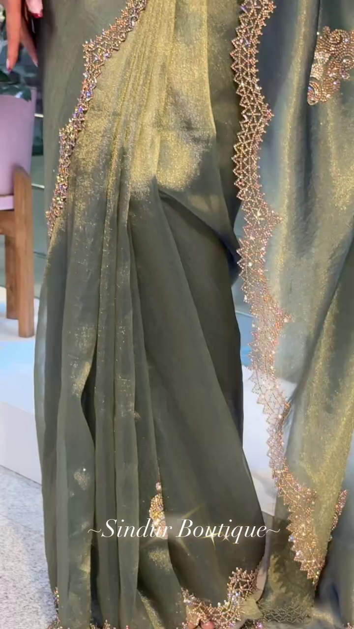 party wear new collection designer chiffon Two-Tone organza stone sarees - Image 4