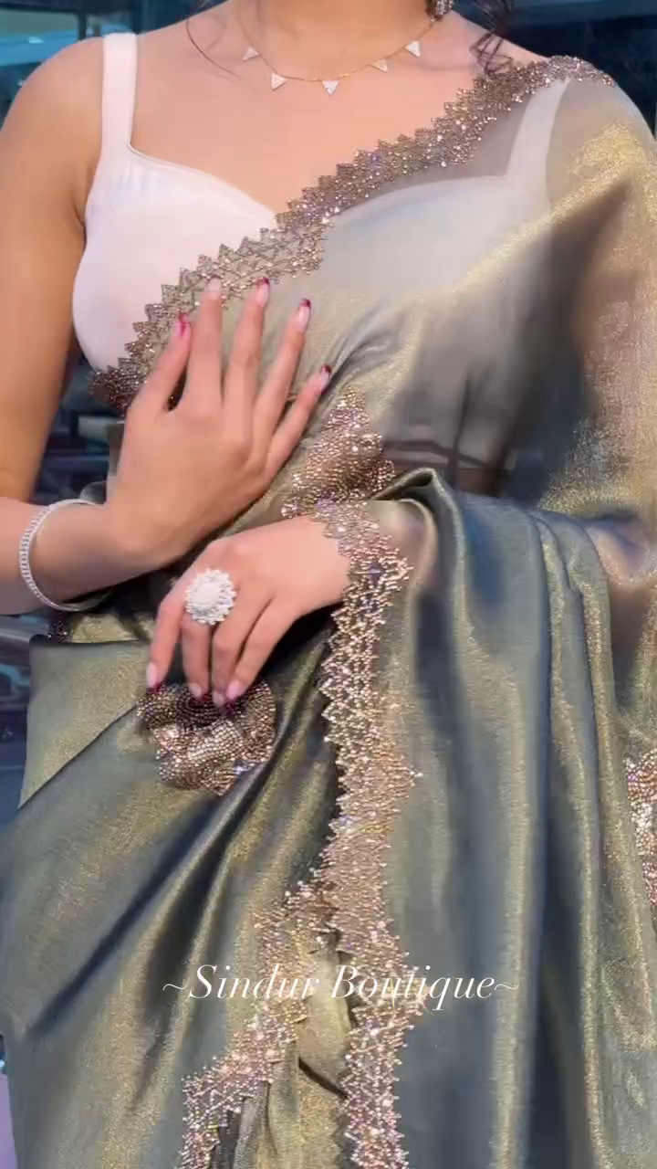 party wear new collection designer chiffon Two-Tone organza stone sarees - Image 2