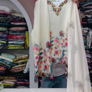 Elegant Off-White Floral Embroidered Kurti Set