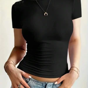 Womens Basic T-Shirts Scoop Neck Short Sleeve Crop Tops Cute Summer Tops Slim Fit Tees Y2k Clothing 2025
