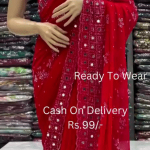 red colour heavy hand and mirror work ready to wear saree