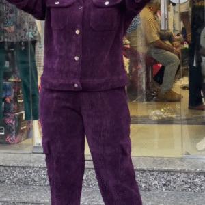 Women Greay Solid Double-Breasted Corduroy Co-Ords Set For luxurious Look